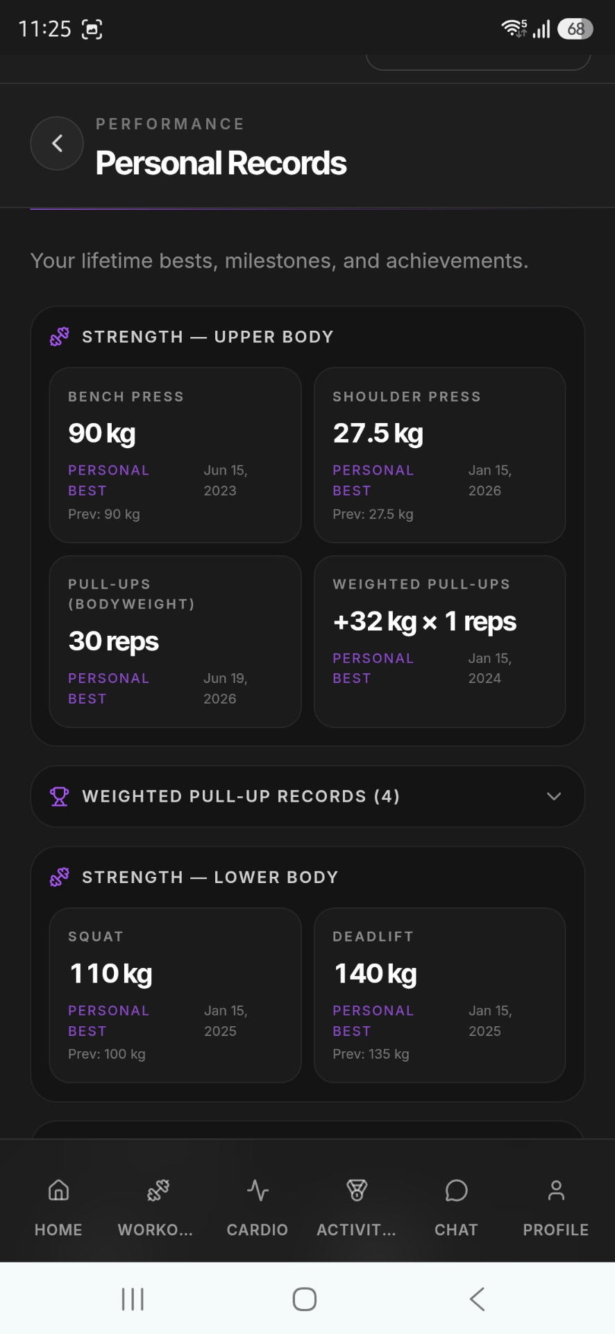 American Fitness personal records screen showing bench press, shoulder press, pull-ups, squat and deadlift records