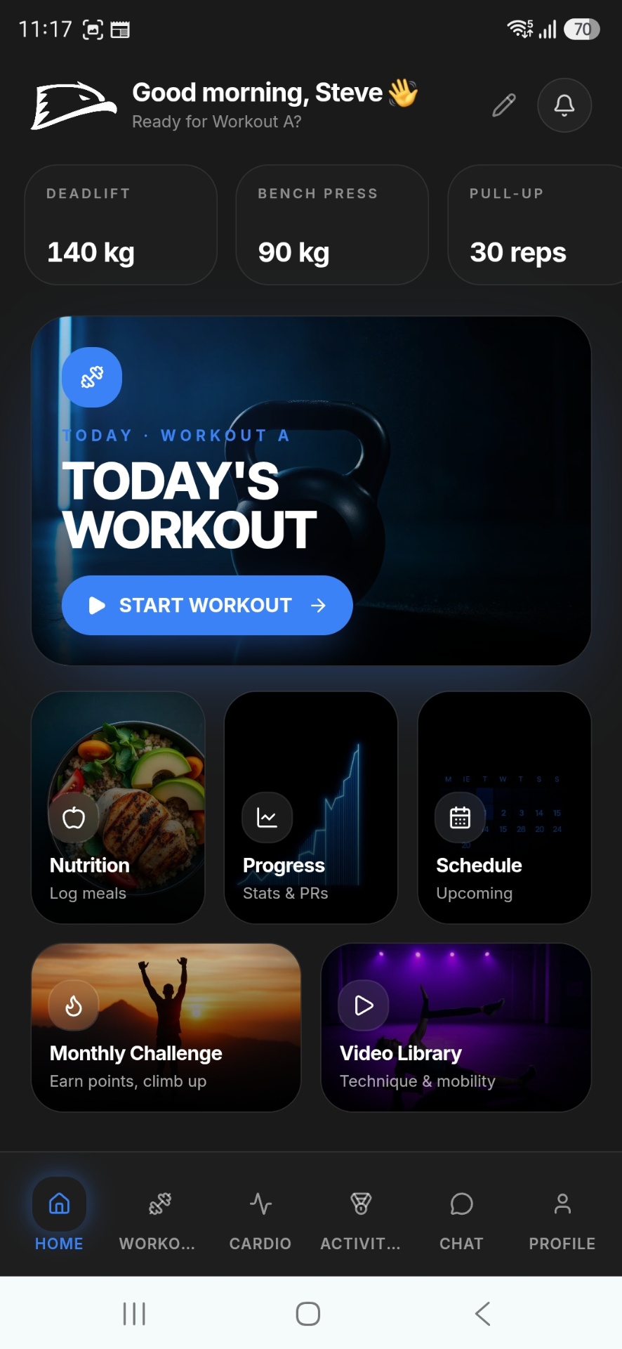 The American Fitness app home screen showing PRs, today's workout, nutrition, progress, schedule, monthly challenge and video library